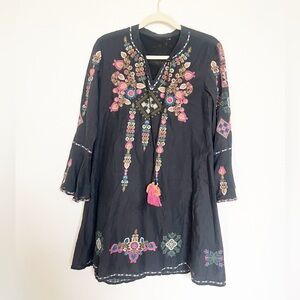 Johnny Was–Style Black Embroidered Boho Tunic Dress with Tassel Tie